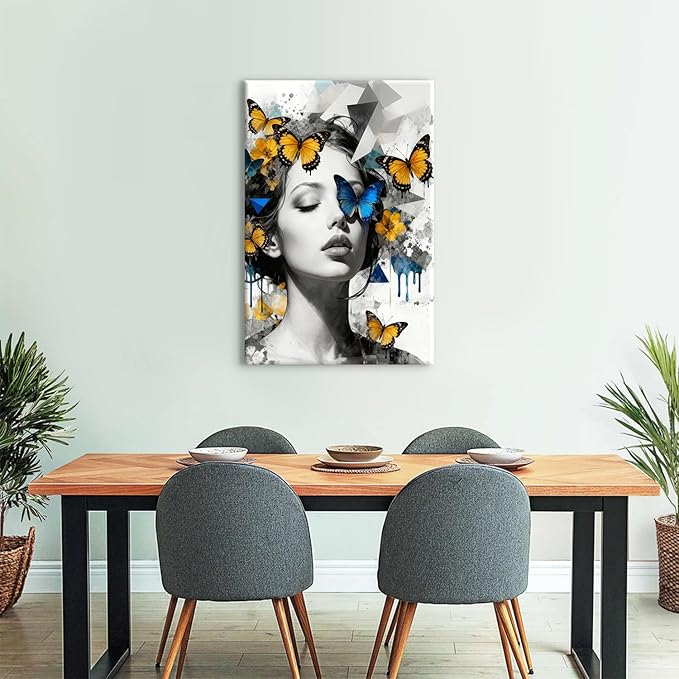 Women Butterfly Wall Art Abstract Feminine Canvas Artwork for Bedroom Black and White Woman Portrait Prints Paintings Yellow Blue Butterfly Posters for Living Room Bathroom Home Decorations 24x36"