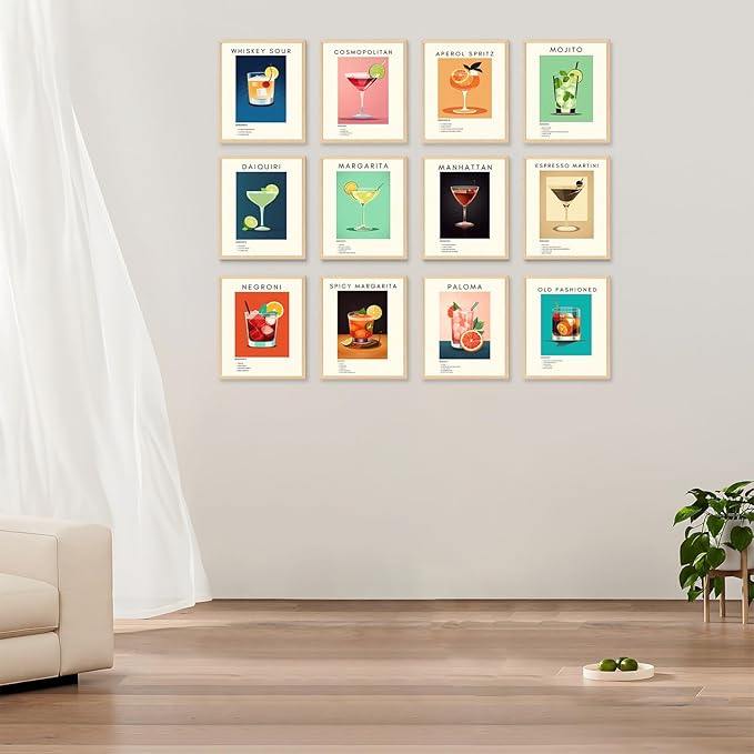 Retro Cocktail Poster Bar Wall Art, Classic Cocktail Wall Decor Set of 12 Vibrant Colorful Preppy Alcohol Prints, Minimalist Alcohol Pictures for College Apartment Wall Decor (8x10 Inches Unframed)