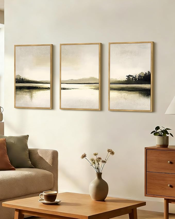 Drsoum Vintage Black Gray Abstract Laker Landscape Wall Art Framed Brown Tan Neutral Prints Minimalist Modern Rustic Artwork Bedroom Living Room Ready to Hang 16x24in Natural Framed