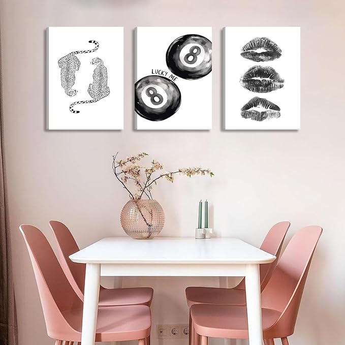 BOKPEN Trendy Black and White Leopard Canvas Wall Art,Funky Y2k Lucky 8 Ball Posters,Retro Kiss Lips Print Picture,Cheetah Prints Aesthetic for Girls Room College Dorm Home Decor (16x24 canvas)