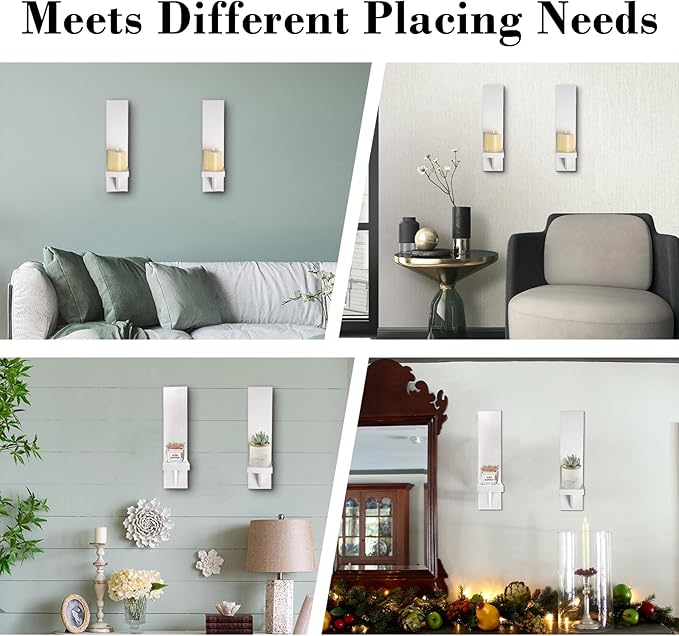 OwnMy Set of 2 Wooden Wall Candle Sconces Rustic Wall Pillar Candle Sconces, White Hanging Wall Candle Sconce Farmhouse Candle Holders for Living Room