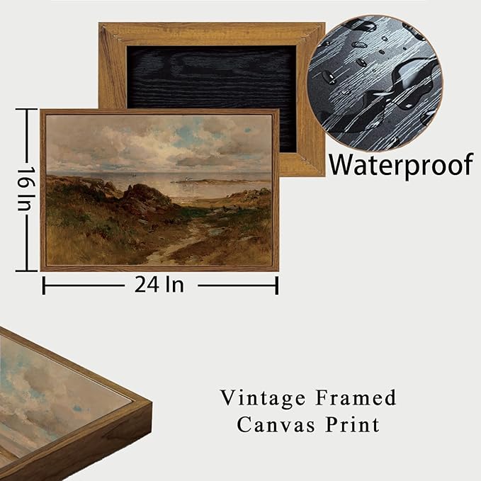 OIQArtOIQ Framed Vintage Landscape Wall Art Coast Natural Scenery Oil Painting Canvas Prints Country Farmhouse Aesthetic Decor Pictures for Kitchen Bedroom Living Room Bathroom