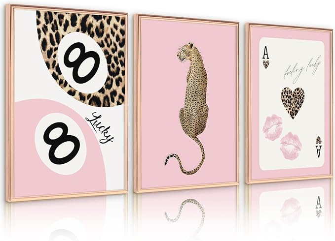 Lhoiplme Cheetah Trendy Wall Art Preppy Leopard Canvas Print Cheetah Room Wall Decor 8 Ball Poster Y2k Pink Coquette Luxury Print Lucky Aesthetic Fashion Pictures for Bedroom 24x36x3 Inch Unframed