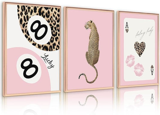 Lhoiplme Cheetah Trendy Wall Art Preppy Leopard Canvas Print Cheetah Room Wall Decor 8 Ball Poster Y2k Pink Coquette Luxury Print Lucky Aesthetic Fashion Pictures for Bedroom 24x36x3 Inch Unframed