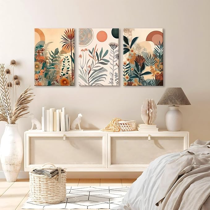 LYPHNX Framed Boho Burnt Orange Botanical Floral Canvas Wall Art Abstract Terracotta Jungle Poster Pictures Set of 3 Flower Prints Painting Home Decor for Bathroom Bedroom Living Room 12"x16"