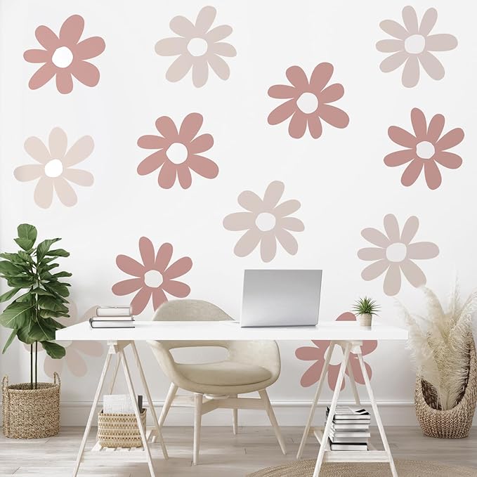 TaoBary 12 Sheet Daisy Wall Sticker Decal Removable Cute Daisy Bedroom Room Decor Flower Wall Sticker Pink White Flower Decal Wallpaper Peel and Stick for Nursery Home(Grey Color,Simple Style)