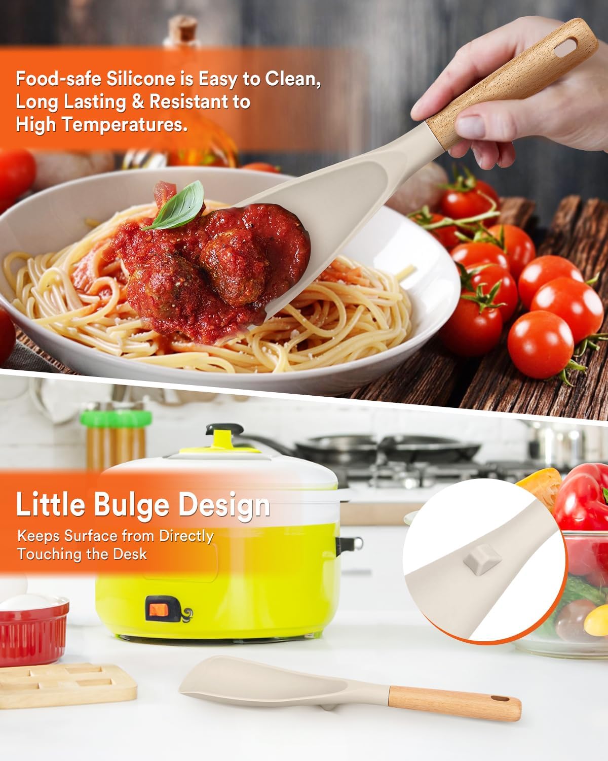 Cooking Spoon for Nonstick Cookwares, Great for Cooking and Serving Sturdy BPA-Free Matte Silicone, Wood Handle Spoon for Mixing, Scoop, and Scrape (2 Pack of Khaki, 11.4 inch)