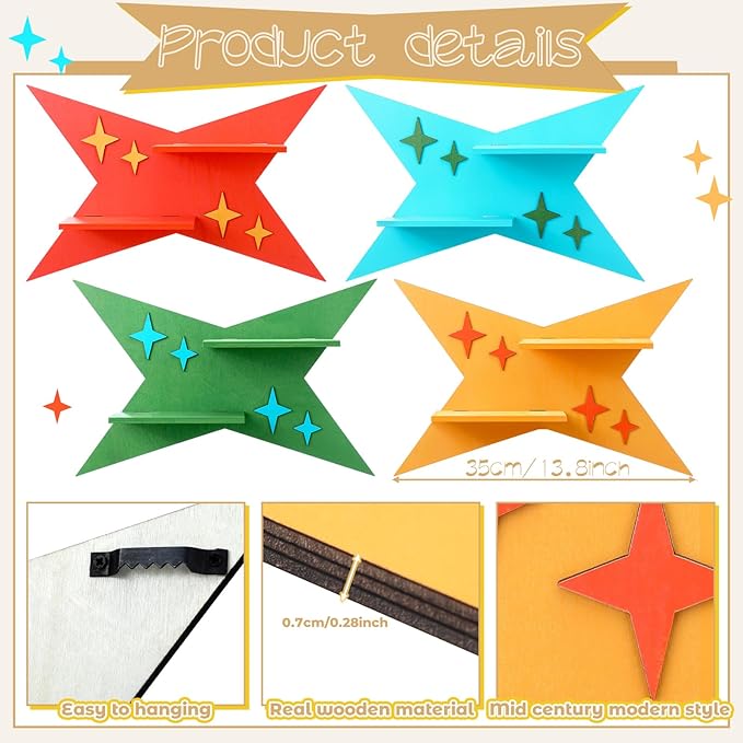 4 Pcs Mid Century Wall Decor Wooden Retro Celestial Star Shaped Burst Wall Art Mount Shelves for Aesthetic Hanging Storage Sign Decoration for Room Bedroom Party(Four-Pointed Star)
