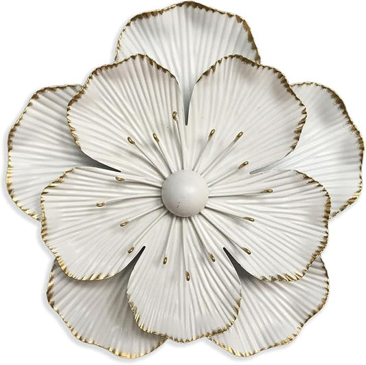 Metal Flower Wall Art Decor, 9" Rustic Modern Floral Sculpture, Distressed Iron Wall Hanging Home Decoration Accent Artworks for Indoor Kitchen Bedroom Living Office Outdoor Garden Patio (35B-White)