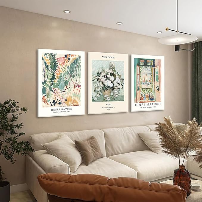 LYPHNX Framed Sage Green Matisse Canvas Wall Art Vintage Abstract Floral Prints Poster Set of 3 Mid Century Aesthetic Flower Artwork Painting Picture Decor for Living Room Bedroom Bathroom 12"x16"