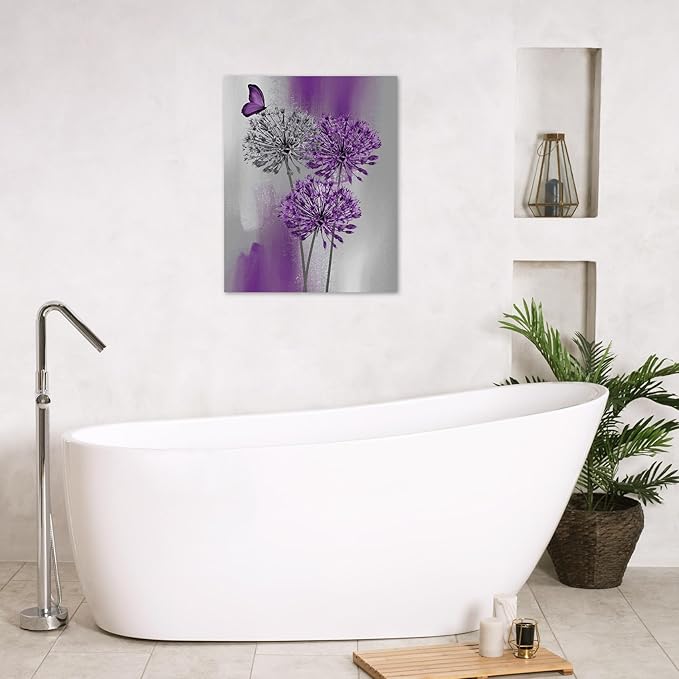 LB Purple Dandelion Wall Art Purple and Grey Floral with Butterfly Canvas Wall Art Modern Abstract Wall Art Decor for Living Room Bedroom Bathroom Office Framed Ready to Hang 10L x 8W