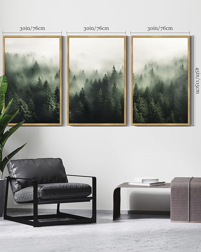 SHENIFY Green Fog Pine Tree Forest Canvas Wall Art Large 24x36in Framed Modern Artwork Prints Decor - Natural Framed