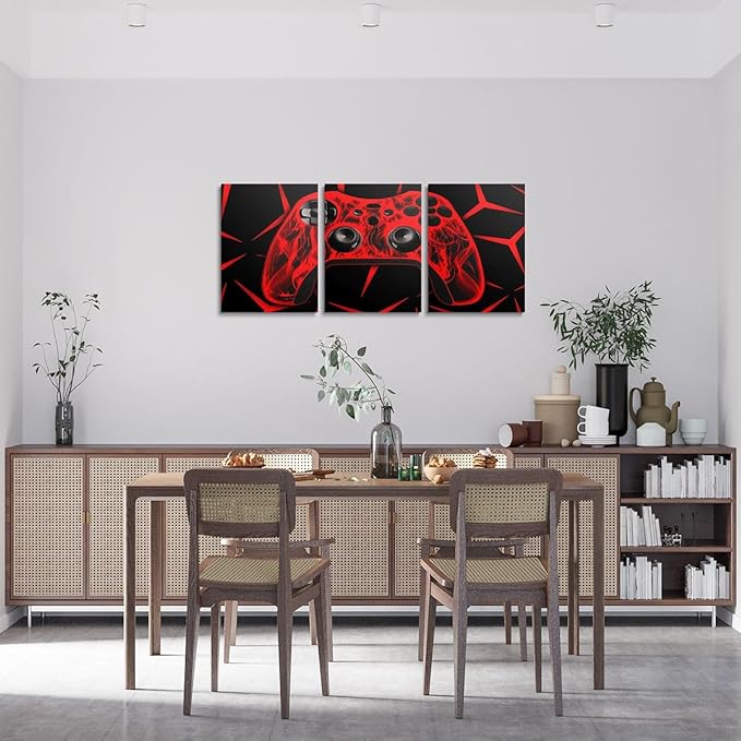 Feelyou Gamer Bathroom Wall Art for Home Decor Gamepad Canvas Wall Art for Bedroom Girls TeensGaming Gifts Office Wall Artwork Posters 12" x 16" 3 Piece Game Controller Red Wall Painting