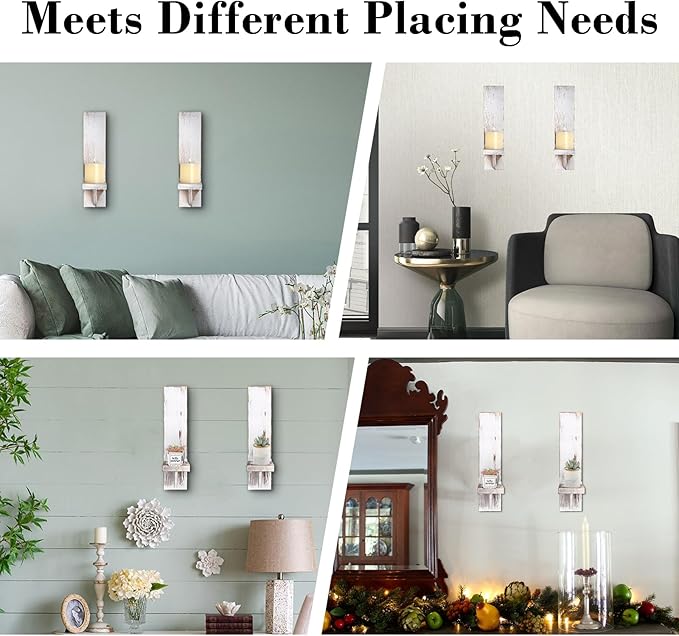 OwnMy Set of 2 Wooden Wall Candle Sconces Rustic Wall Pillar Candle Sconces, Vintage White Hanging Wall Candle Sconce Farmhouse Candle Holders for Living Room