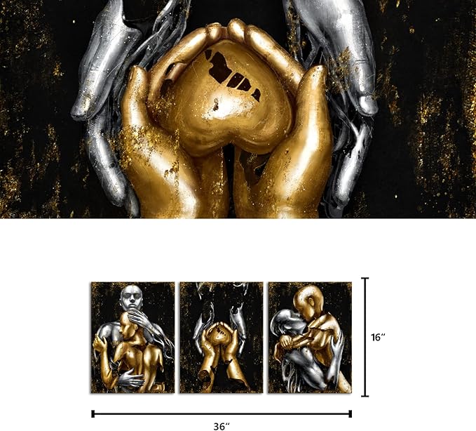 Visual Art Decor Black and Gold Love Decor Grey & Gold Hugging Couple Bedroom Wall Decor Picture Art Prints Framed Canvas Print (Black, 12x16inchx3 Pieces)