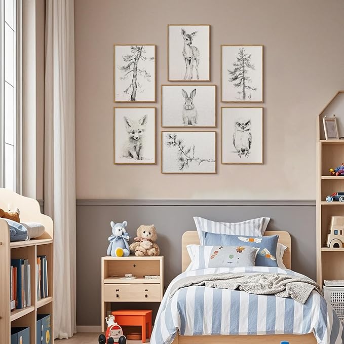 Vintage Nursery Wall Art Woodland Animal Canvas Decor Baby Room Wall Art Forest Animal Pictures Kids Tree Prints Posters Nature Deer Fox Painting Nursery Artwork for Bedroom 8x10x7 Inch Unframed
