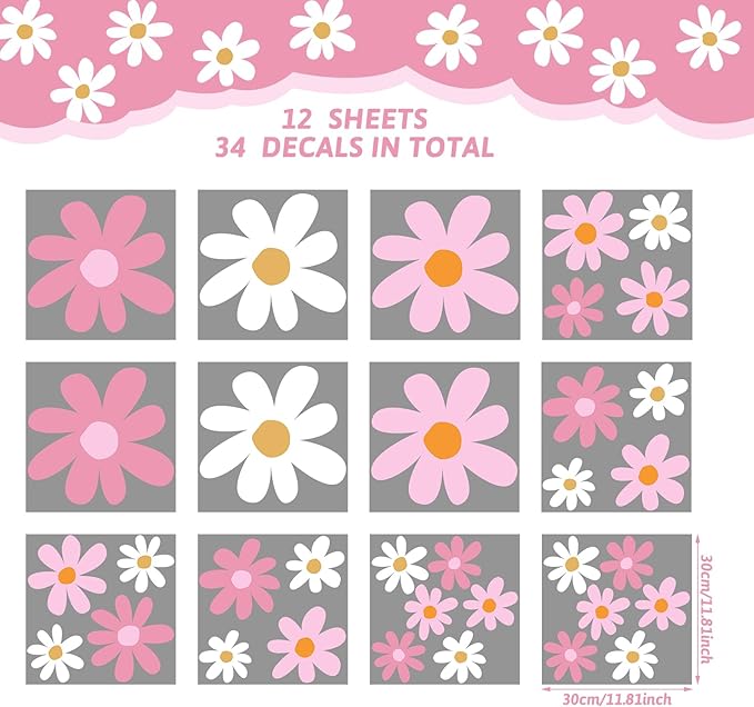 TaoBary 12 Sheet Daisy Wall Sticker Decal Removable Cute Daisy Bedroom Room Decor Flower Wall Sticker Pink White Flower Decal Wallpaper Peel and Stick for Nursery Home(Pink Color,Vibrant Style)