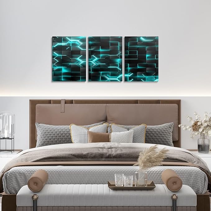 Feelyou TealBlue and Black Picture Wall Decor 12"x16" 3 Piece Honeycomb Canvas Wall Art Decor Hexagon Theme Office Decorations Artwork Posters Geometrical Beehive Painting