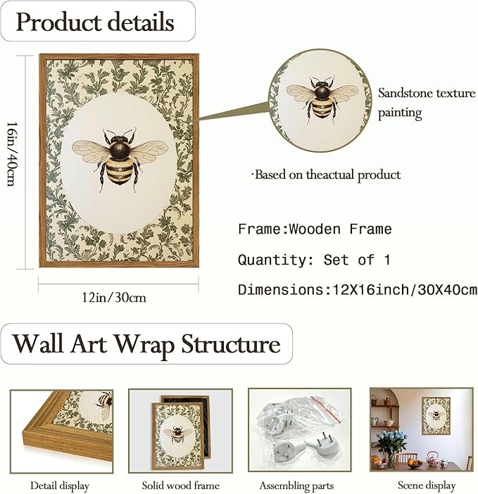 Framed Vintage Bee Wall Art, Rustic Insect Pictures Wall Decor, 3D Textured Sandstone Green Botanical Paintings Prints Cottagecore Home Decor for Living Room Bedroom Office 12x16 inch