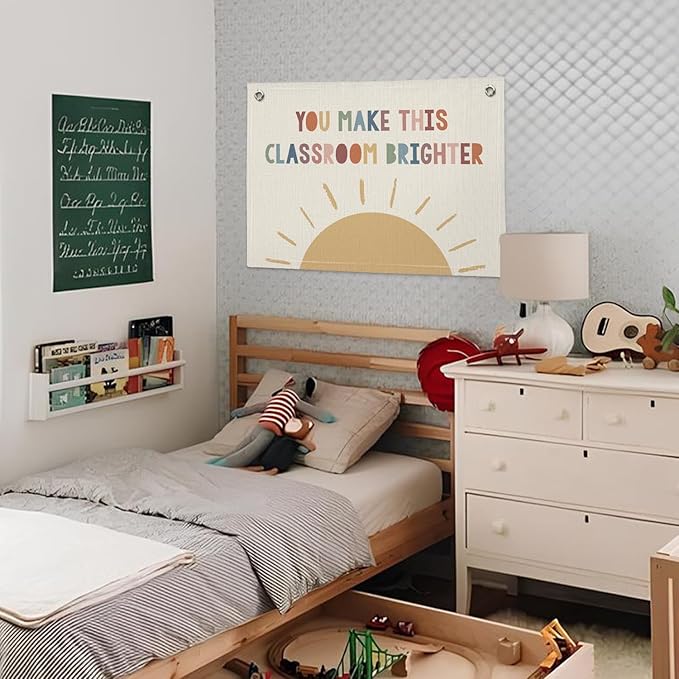 Boho Classroom Canvas Banner, Neutral Classroom Must Haves Wall Decor, Welcome Sign Back To School Linen Banner Flag Decor for School 20x30