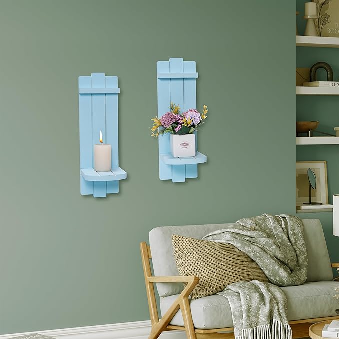 Sconces Wall Decor Set of 2, Wall Candle Holder Rustic Home Decor, Farmhouse Art Floating Candle Sconces Shelf Blue Wall Decorations for Living Room, Dining Room, Bedroom, Bathroom
