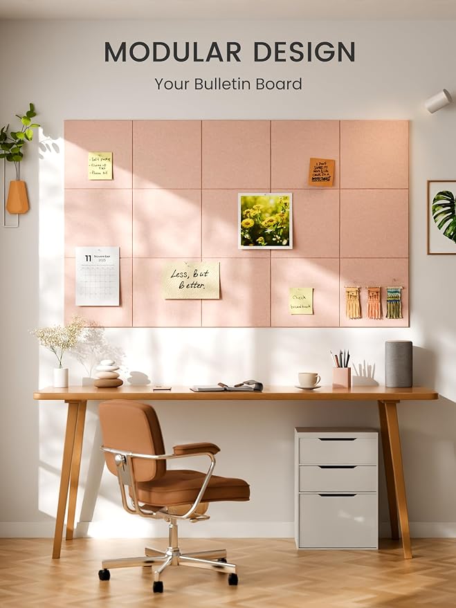 Bumusty Large Cork Board 36" x 24" Alternative - 6 Pack Felt Wall Tiles with 40 Safe Removable Adhesive Tabs, 30 Pushpins, Cork Boards for Walls Pin Board Bulletin Board Office Decor (Pink)