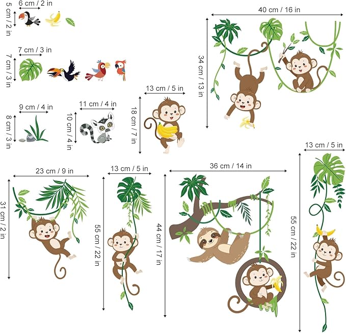 decalmile Monkey Climbing Tree Wall Decals Jungle Animals Tree Branch Sloth Wall Stickers Living Room Baby Nursery Kids Room Wall Decor