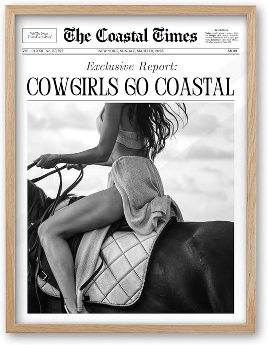 iHery Cowgirls Go Coastal Framed NewsPaper Canvas Wall Art,Natural OAK Wood Large 16x20in Wall Decor For Bedroom, Trendy Western Horseback Riding Times for Dorm Living Room, Home Décor 1Pack