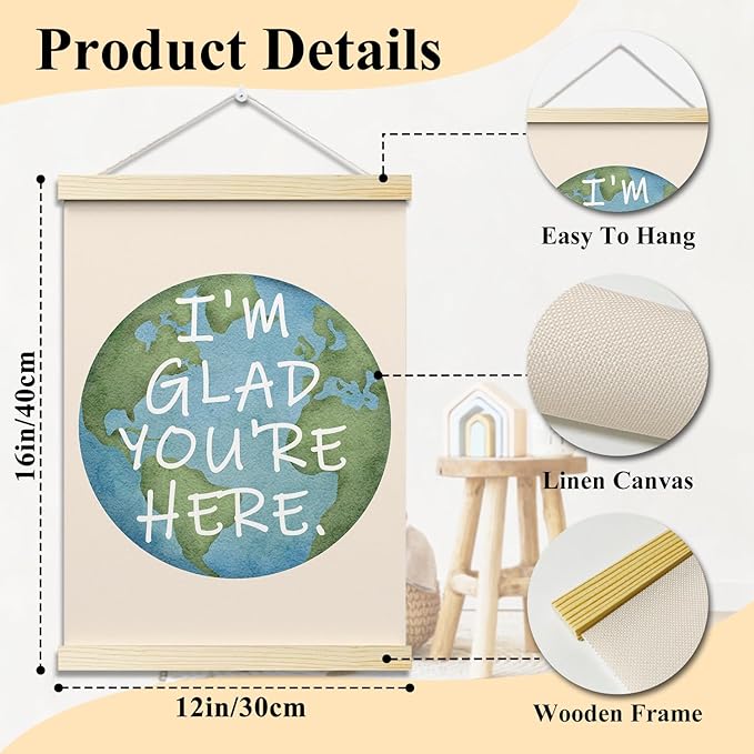 I'm Glad You're Here Posters Earth Theme Hanger Frame for Classroom Inspirational Hanging Poster for Nursery Kids Room Decor Wall Art Decor for Preschool Canvas Wall Art Print 16x12 Inches - YY032