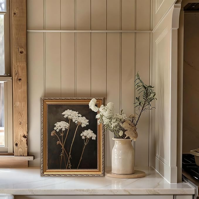 ASTRDECOR Gold Framed Vintage Wall Art, Dark Floral Canvas Print for Living Room & Kitchen Shelf Decor, Moody Floral Art, Antique White Queen Anne's Lace Artwork, 12"x16"