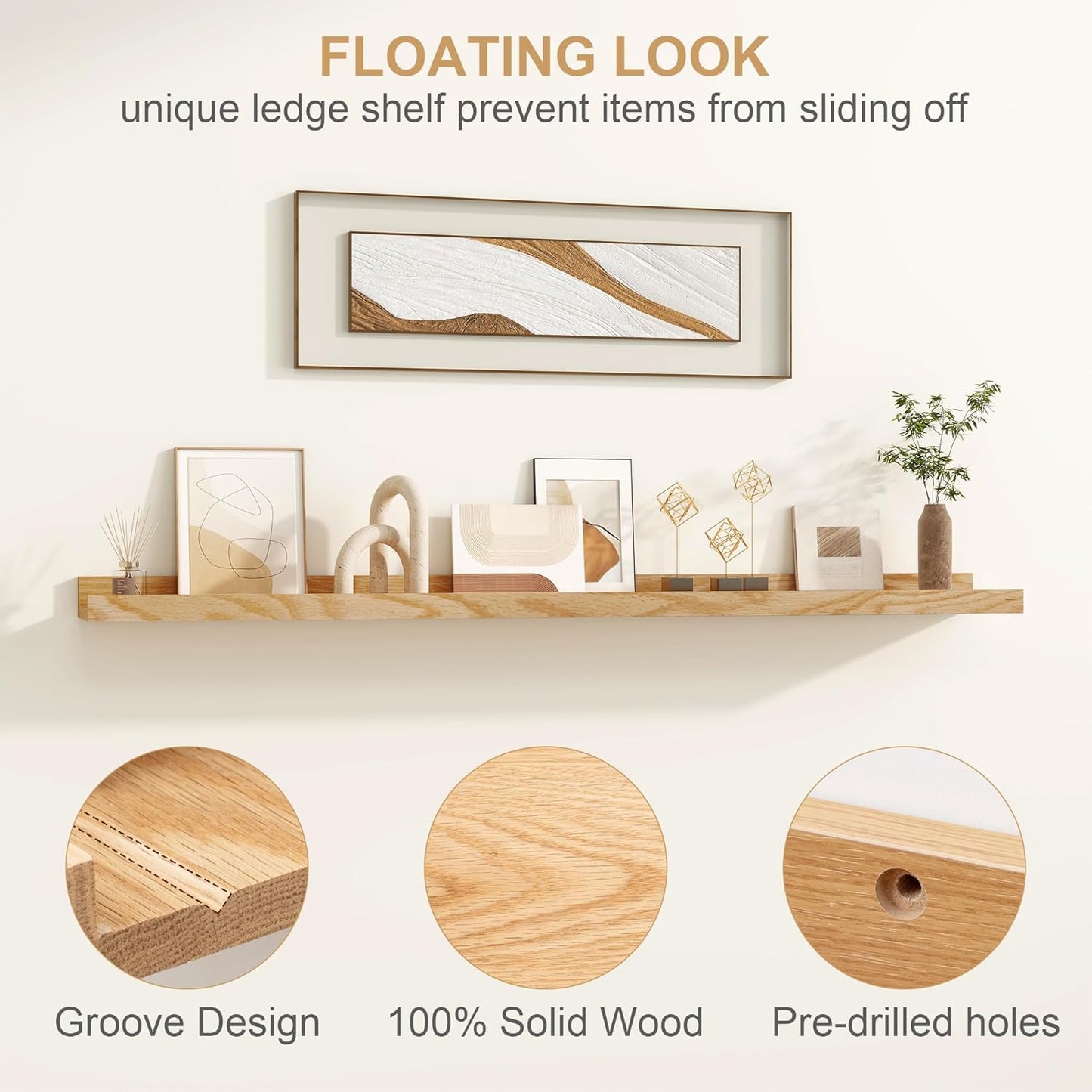 Floating Picture Ledge Shelves 72 Inch Solid Oak Wood Set of 2, Rustic Wall Storage Shelves with Lip, Kids Bookshelf, Photo & Picture Ledge Shelves for Bedroom, Living Room, Kitchen