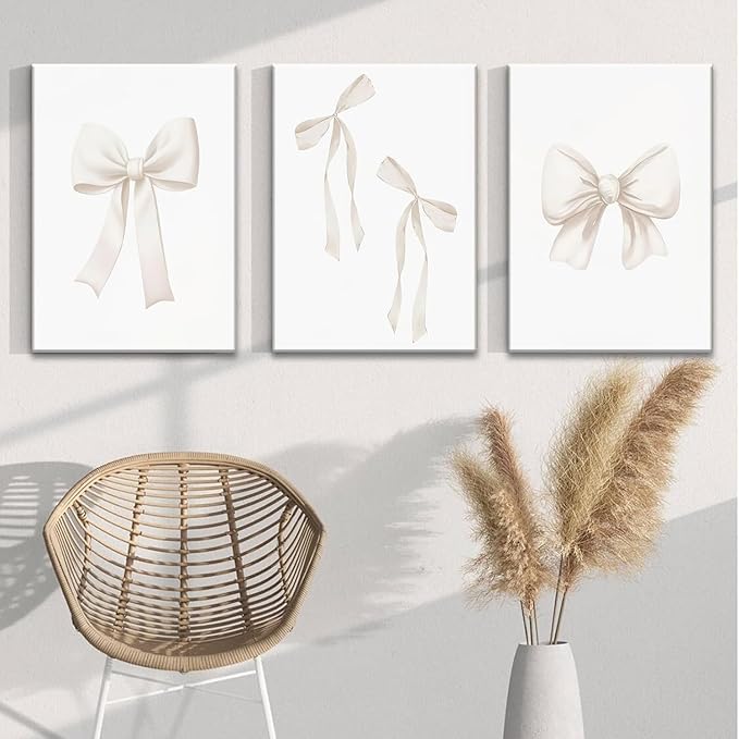Djmwtb Coquette Beige Bow Wall Art Decor Posters, Cute Bow Bedroom Canvas Wall Art Decor Aesthetic for Teen Girls Room, Preppy Bow Pictures Wall Decor Paintings Prints, 16x24in Framed Set of 3