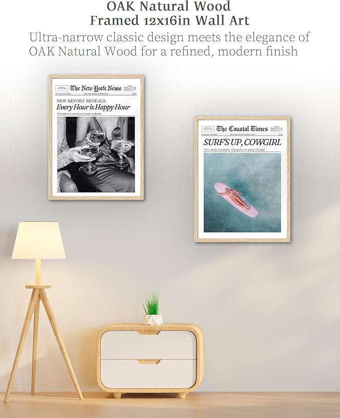 iHery Framed Coastal Trendy Cowgirl Wall Art Decor, Natural OAK Wood 12x16in Canvas Newspaper Retro Bedroom Wall Art,Surfer Up Vintage Bar Cart Home Decor For Dorm Living Room 1Pack