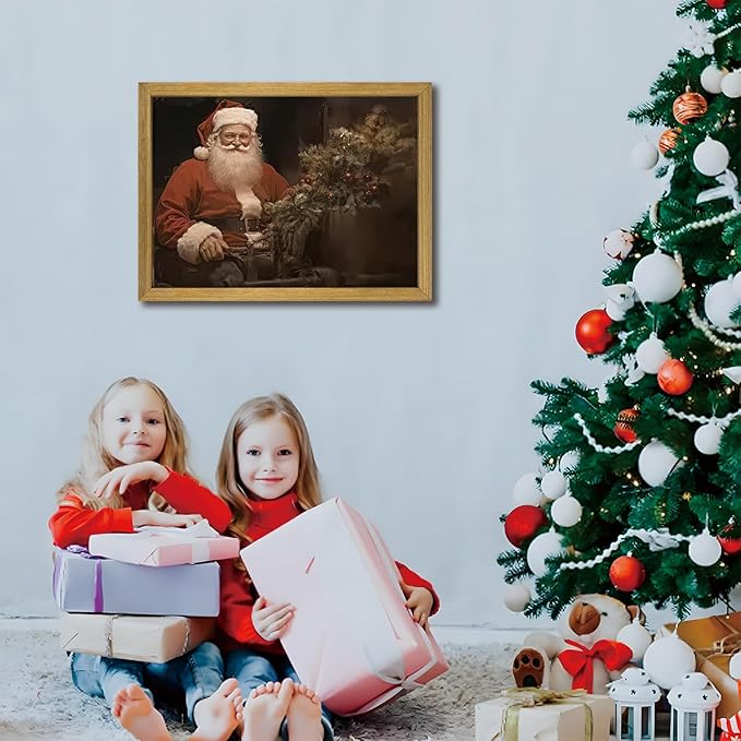 Christmas Wall Art Pictures, Vintage Christmas Wall Decor Prints, Vintage Santa Portrait Canvas Print Posters, Farmhouse Santa Pictures for Wall Framed 12x16 Inch