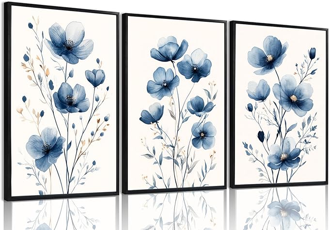 okudolit Navy Blue Wildflower Framed Canvas Wall Art Set Of 3 Flowers Pictures Prints Flowers Printing Floral Watercolors Flower wall Decor Living Room Bedroom Dinning Room Farmhouse Office-16 x24in