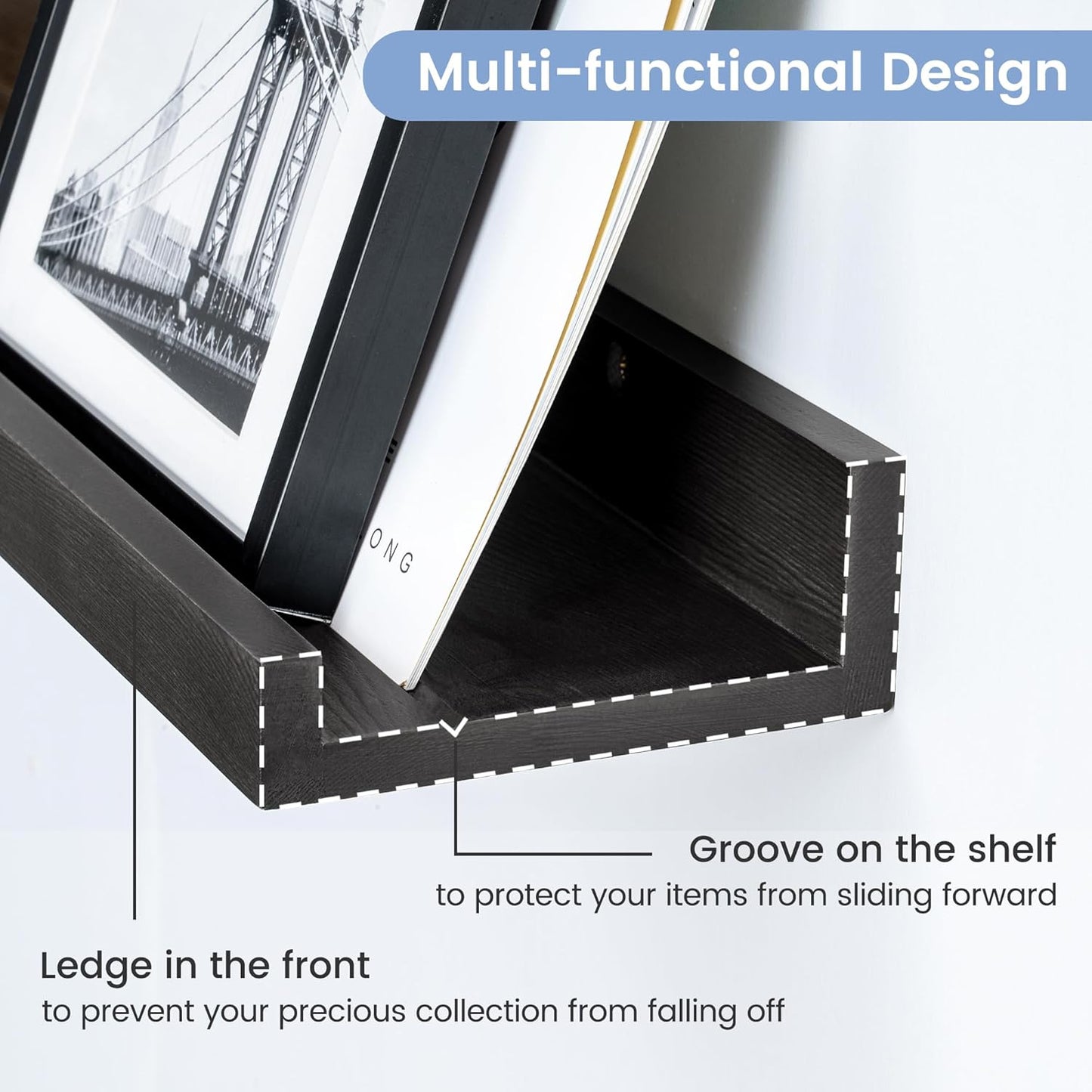 Picture Ledge Shelf, Floating Shelves Set of 2, Solid Pine Wood 55'' Long Large Nursery Book Shelves for Toys Storage, Kids Bookshelf for Living Room Bedroom Decor Books Photo Frames, Black