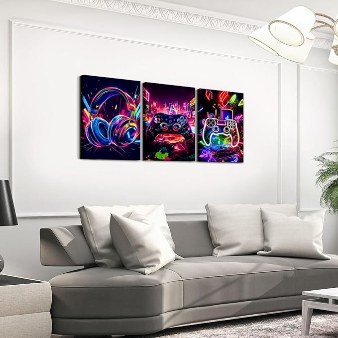 Feelyou Gamer Canvas Wall Art for Living Room - 12" x 16" 3 Piece Game Controller Picture - Gaming Gifts Bathroom Decor - Gamepad Office Decorations Artwork Posters - Purple Painting