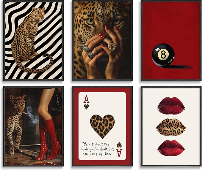 XBQZFLHT Red Cheetah Print Room Decor, Trendy Y2K Leopard Wall Art Pictures, Burgundy Red Wallpaper Style for Girls Bedroom Dorm(Set of 6, 8x10, Unframed)