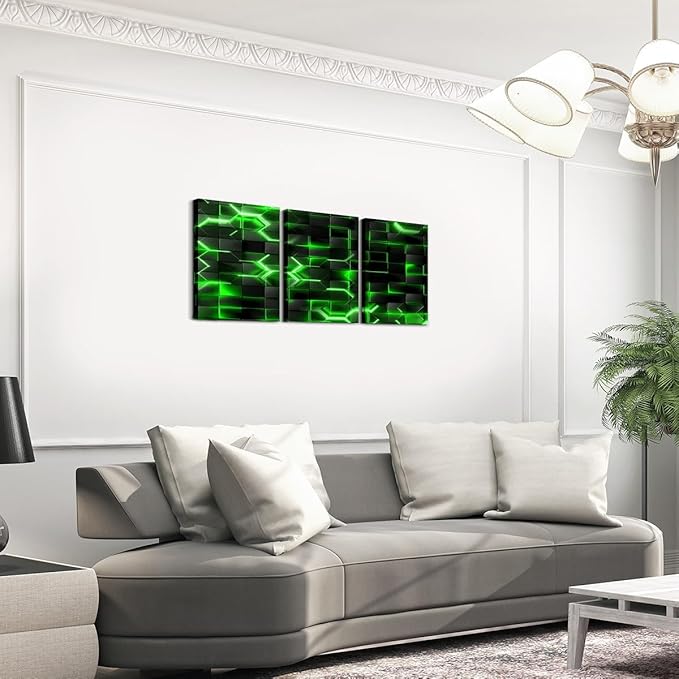 Feelyou Green and Black Picture Wall Decor 12"x16" 3 Piece Honeycomb Canvas Wall Art Decor Hexagon Theme Office Decorations Artwork Posters Geometrical Beehive Painting