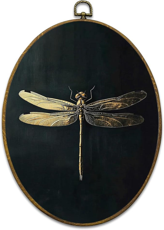Mcehtle Moody Dragonfly Wall Art Decor, Vintage Dark Academia Insect Oval Framed Canvas Prints 8.6x11.4, Cottagecore Minimalist Round Wall Hanging Artwork Decorations for Gallery Bedroom Living Room