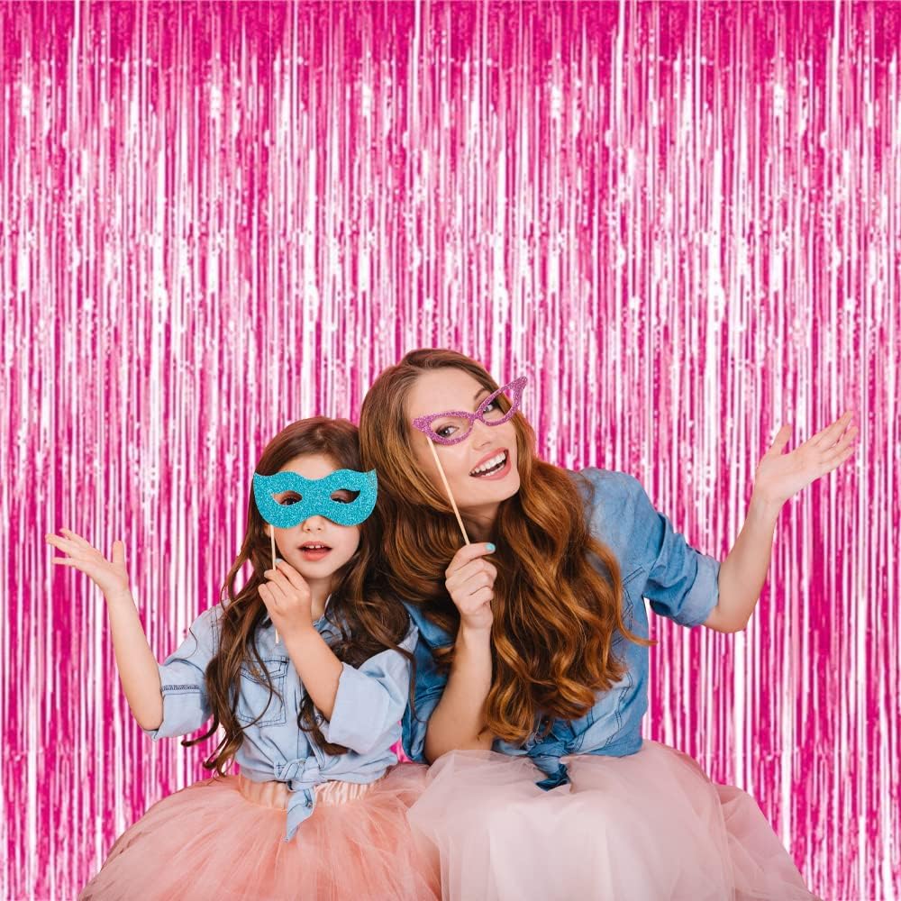 GOER 3.2 ft x 8.2 ft Metallic Tinsel Foil Fringe Curtains Party Photo Backdrop Party Streamers for Galentines Day,Birthday,Graduation,New Year Eve Decorations Wedding Decor (3 Pcs, Hot Pink)