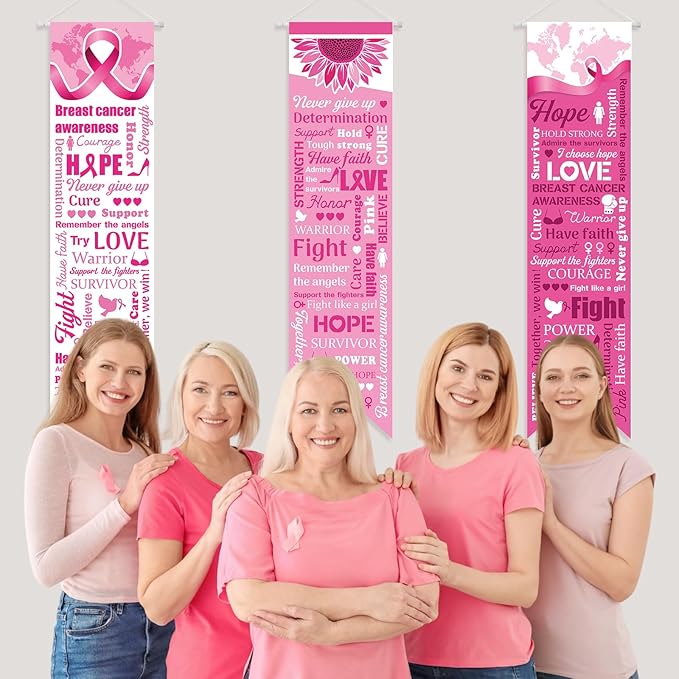 3 Pieces Breast Cancer Awareness Decorations Pink Ribbon Banners Porch Signs Awareness Ribbon Hanging Backdrops for Indoor Outdoor Breast Cancer Party Decor Supplies