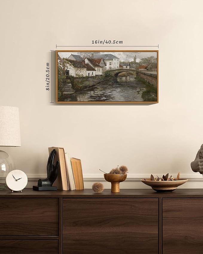 SHENIFY Vintage Framed Wall Art French Town Country Landscape Painting Retro Countryside River Scenery Farmhouse Kitchen Living Room Decor - 8x16in Natural Framed