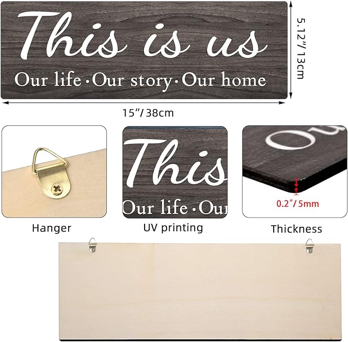 4 PCS Home Wall Decor Signs, Rustic Wooden Living Room Hanging Decorations with Quotes THIS IS US/TOGETHER/BLESS THIS/FAMILY, Housewarming Gifts for Wedding Kitchen