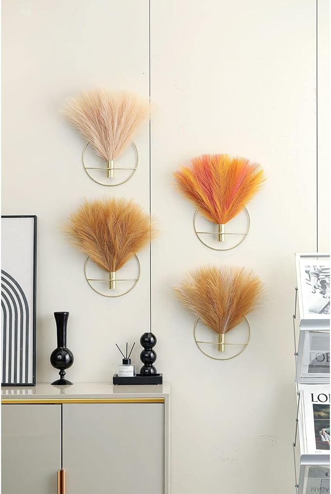 Pretty Jolly Boho Wall Decor - Hanging Artificial Pampas Display, Wall-Mounted Metal Art for Living Room, Bedroom, Bathroom, Dining Room - Plant Wall Decor 2 Pack, Turmeric, Gold, Old Orange