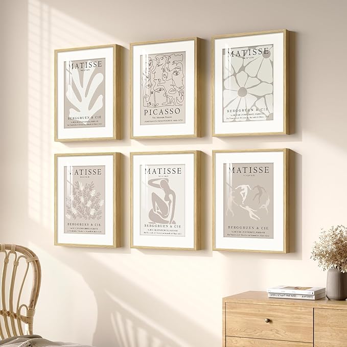 Framed Neutral Abstract Wall Art, 6 Piece Modern Matisse Prints Artwork for Walls, Minimalist Beige Matisse Pictures for Living Room, Bedroom, Dining Room, Lounge, Bathroom Wall Decor 11x14 In
