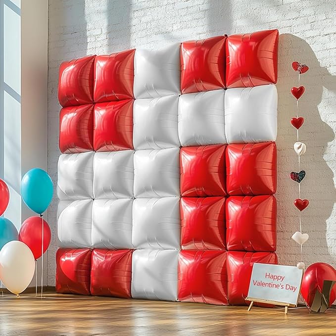 NISOCY 25PCS Red White Square Foil Balloons Wall Double Backdrop Sided Red Pearl White Balloon Tunnel Arch Kit for Christmas Birthday Valentine's Day Baby Shower Wedding Party Decorations