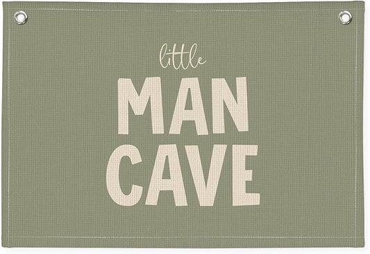 Little Man Cave Banner, Boys Room Decor, Sage Green Linen Canvas Banner Wall Hanging Flag Decor for Toddler Boy Nursery Playroom