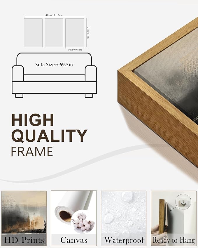 Drsoum Vintage Black Gray Abstract Wall Art Framed Brown Tan Neutral Prints Minimalist Modern Rustic Artwork Bedroom Living Room Ready to Hang 16x24in Natural Framed