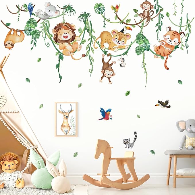 wondever Jungle Animals Climbing Tree Wall Stickers Lion Koala Tiger Monkey Peel and Stick Wall Art Decals for Baby Nursery Kids Bedroom Living Room